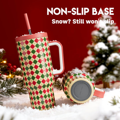 Meoky 40 oz Christmas Tumbler with Handle and Straw, Xmas Tumbler with Lid and Straw, Insulated Stainless Steel Travel Mug, Christmas Gifts for Women Men Adults (Winter Plaid)