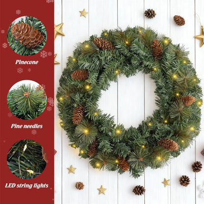 FR Artificial Pre-Lit Fir Christmas Wreath Holiday Accent Decoration, Wintry Pine, Decorated with Pine Cones, with LED Lights Battery Operated for Door, Mantel - 16 Inch