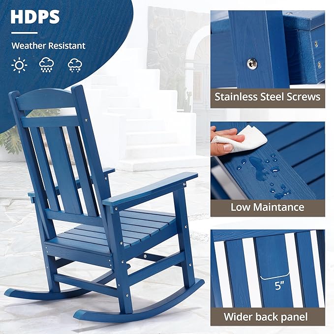 LUE BONA Outdoor Rocking Chairs Set of 4, Weather Resistant HDPS Poly Rocker Chairs, 350lb Heavy Duty, Oversized Porch Rocker for Adult, High Back Smooth Rocking for Outdoor & Indoor, Blue