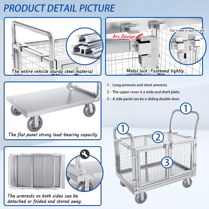 Upgrade Platform Truck with Cage, Mutipurpose 7-in-1 Heavy-Duty Utility Cart,2-Door Design Foldable Flatbed Cart with Industrail Wheels, Rmovable Fence, Load 2000lbs for Grocery/Laundry/Stall/Storage