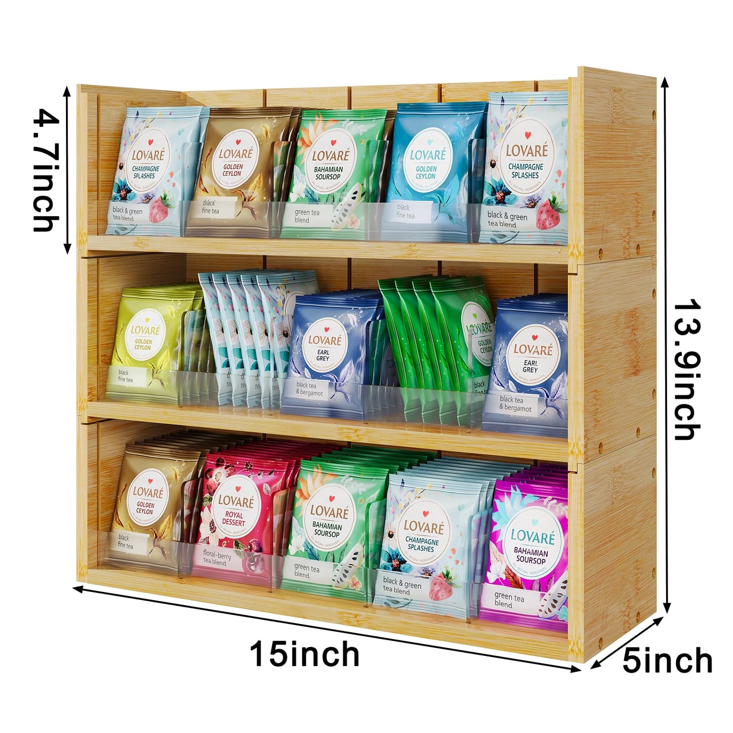 X-cosrack Bamboo Tea Bag Organizer Storage Box, 3 Tier Stackable Tea Bag Box Natural Wood, Wall Mount Tea Chests with Acrylic for tea bags Office Kitchen Cabinet Pantry