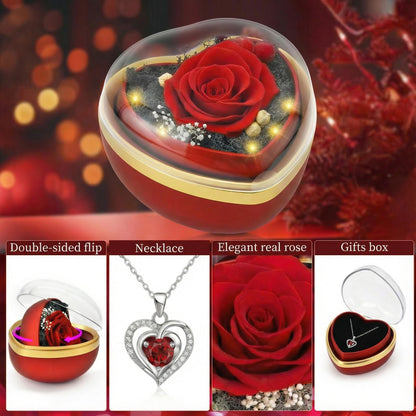 Eternal Real Rose Dainty Love Pendant , Preserved Red Rose Gift Box with Heart Necklace, Gifts for Women, Mom, Wife, Gifts Idea on Valentine's Day, Mother's Day, Birthday, Anniversary, Thanksgiving