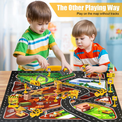 260 PCS Construction Race Tracks for Kids Toys, 2 Electric Cars, 4 Construction Cars, 1 Map & Flexible DIY Track Set, Engineering Presents for 3 4 5 6 Year Old Boys Girls