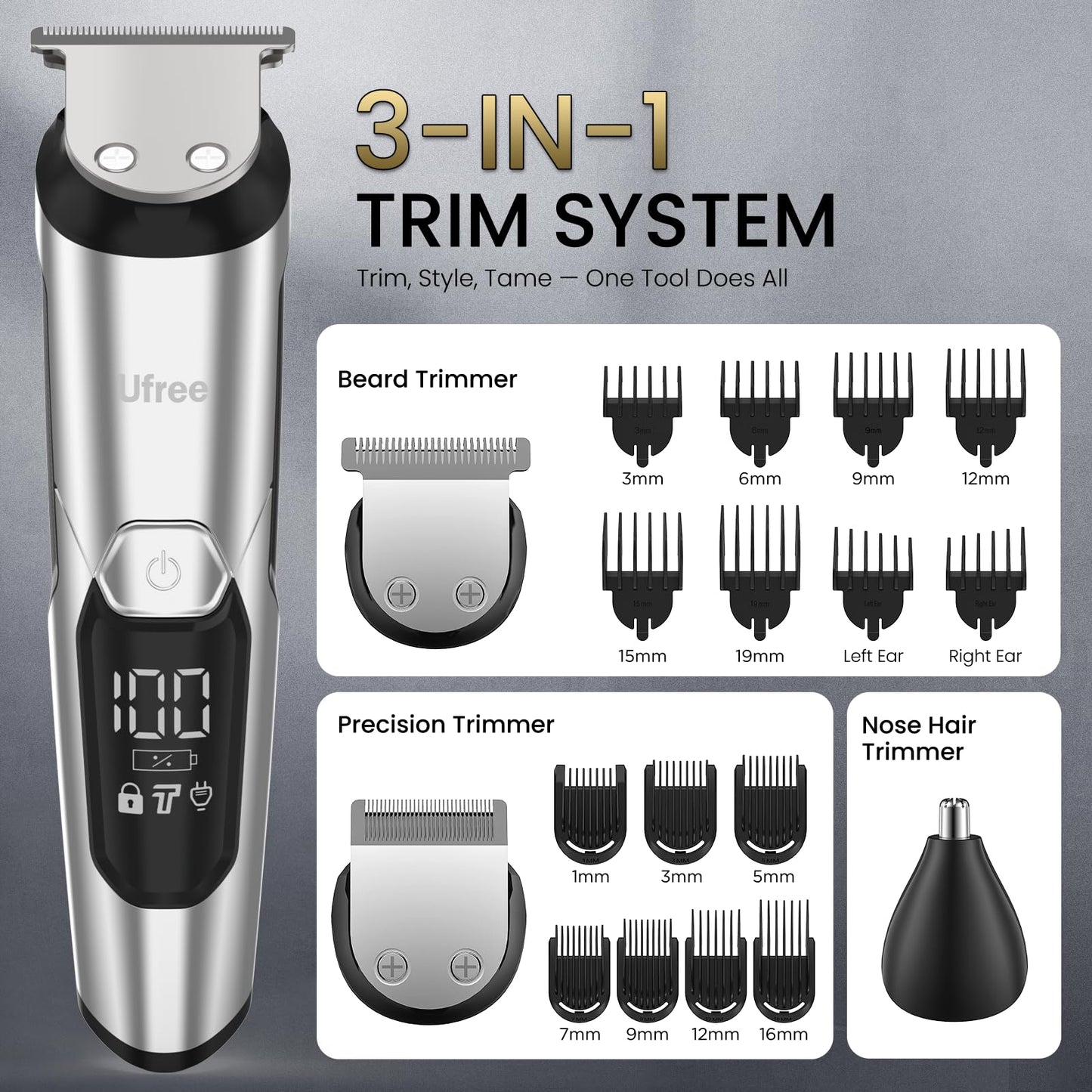 Ufree 3-in-1 Beard Trimmer Kit, Men's Electric Shaver Razor for Mustache Body Nose Facial Hair, Professional Hair Trimmer, Rechargeable Clippers, Waterproof Beard Grooming, Birthday Gifts for Men