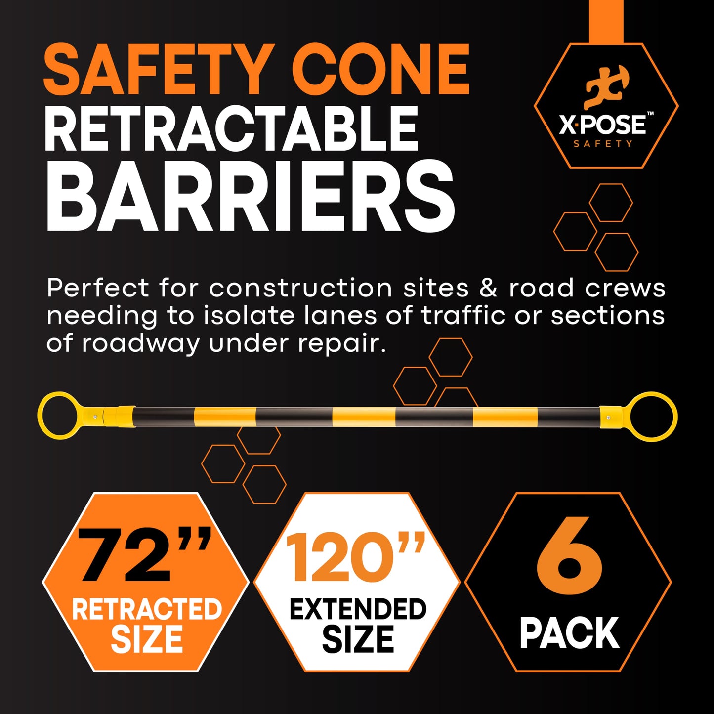 Xpose Safety Reflective Retractable Barrier for Traffic Cones – 6 Pack, Yellow/Black, Expandable 72″–120″ for Construction, Parking & Crowd Control