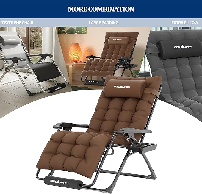 UDPATIO Oversized Zero Gravity Chair Set of 2, 29In XL Patio Reclining Chair with Cushion, Outdoor Folding Recliner with Pillows|Cup Holder|Foot Rest|Padded Headrest, Brown, Support 500LB