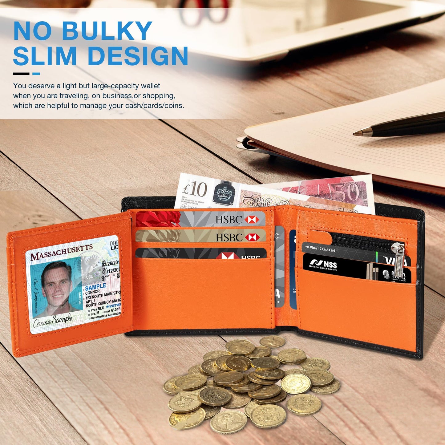TEEHON Wallets for Men UK with RFID Blocking Slim Wallet with Coin Pocke, 11 Card Slots, 2 Note Pockets, ID Window & Gift Box - Black & Orange