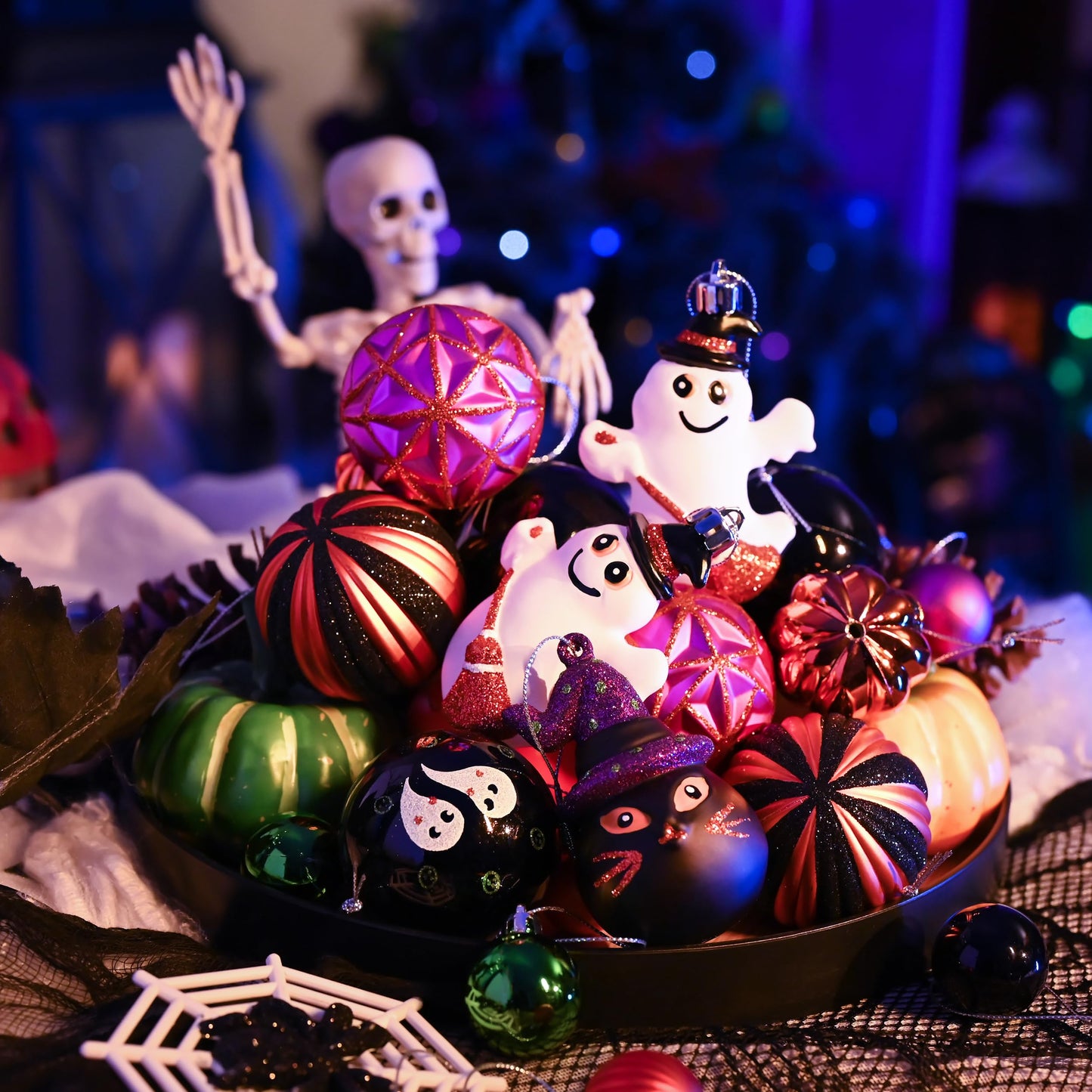 Valery Madelyn Halloween Ornaments Tree Decorations, 40ct Large Shatterproof Ghost Cat Jack-o'-Lantern Pumpkin Hanging Ball Ornaments Set for Small Tree, Cute Holiday Party Indoor Home Decor