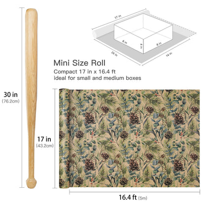 RUSPEPA Kraft Christmas Wrapping Paper Roll, Mini Roll, Watercolor Pinecone and Eucalyptus Leaf Design, Kraft Gift Wrap for Christmas, Winter Holiday Party, Rustic Natural Theme, 17 Inches x 16.4 Feet