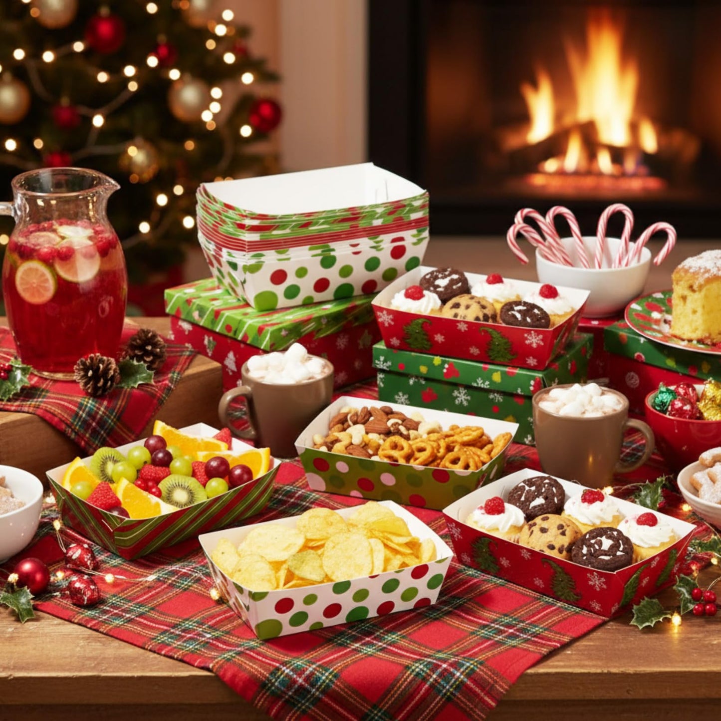 Dunzoom 48 Pcs Christmas Paper Food Trays Plates Disposable Christmas Movie Snack Trays Santa Elf Snowman Red Green Plates Nacho Hot Dog Serving Boat for Xmas Party Supplies Decoration (Style 2)