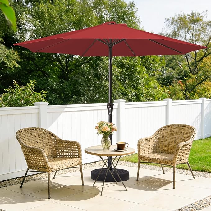 MEWAY 9ft Patio Umbrella Outdoor Table Umbrellas with Push Button Tilt and Crank, Market Umbrella 8 Sturdy Ribs for Deck, Garden, Pool and Backyard, Red