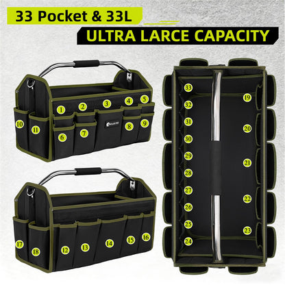 WILAXI PRO 20in Foldable Open Top Tool Bags For Men Heavy Duty, Tool Carrier hard With Handle, Wide Mouth Electrician Tool Tote, Many Pockets Can Hold Many Tool, Green