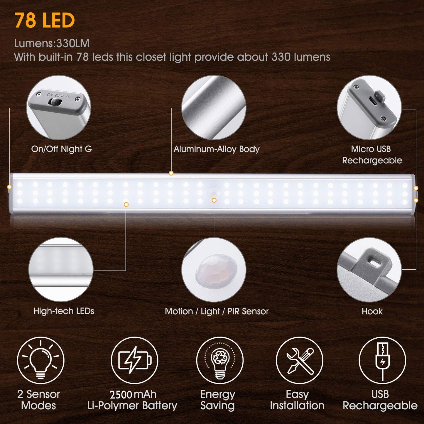Under Cabinet Wardrobe Lights, 78 LED Motion Sensor Closet Lights, Wireless Rechargeable Cupboard Light, Stick-on Anywhere Magnetic Night Lighting