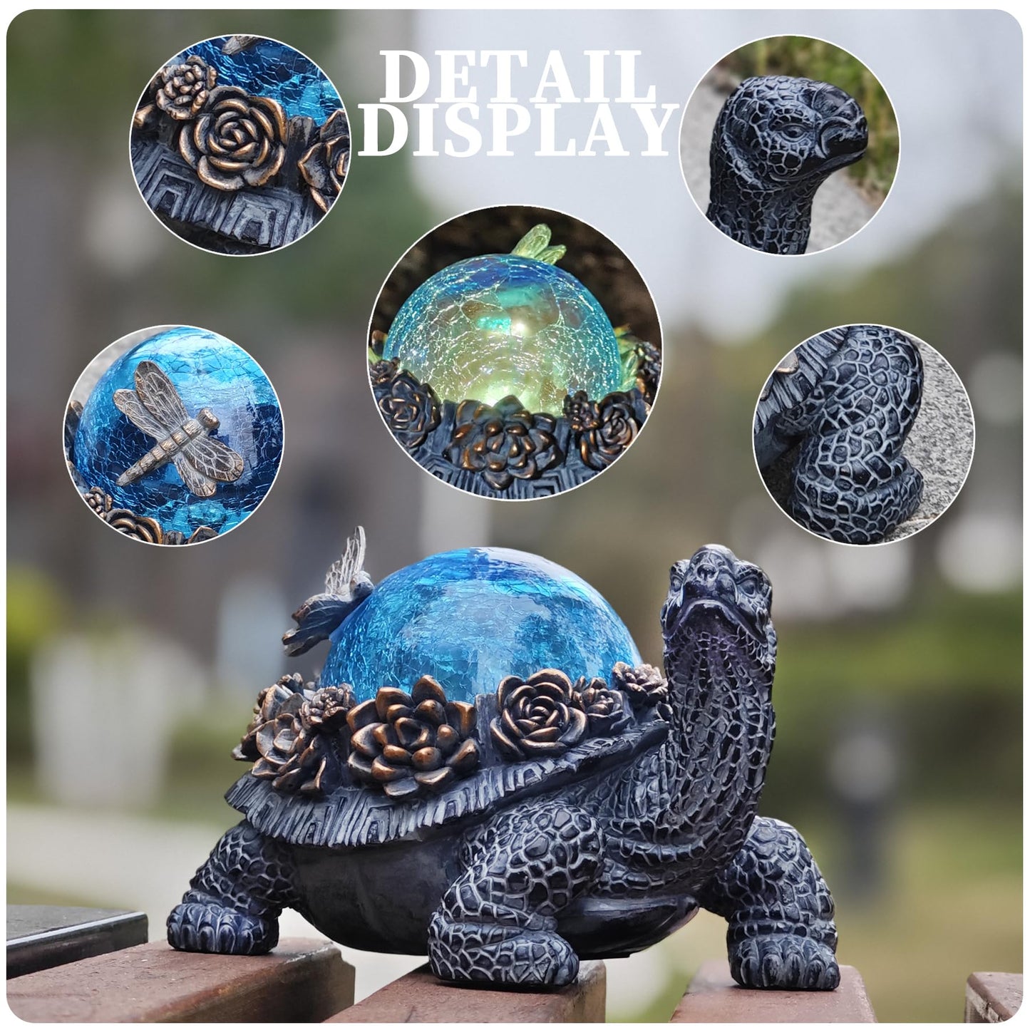 Vlyrofea Outdoor Turtle Statue – Resin Animal Figurine with Blue Crystal Solar Lights,Golden Succulent Accents & Dragonfly Decor, Cute Garden Ornament, Yard Art for Lawn, Patio,Mom Wife Unique Gifts