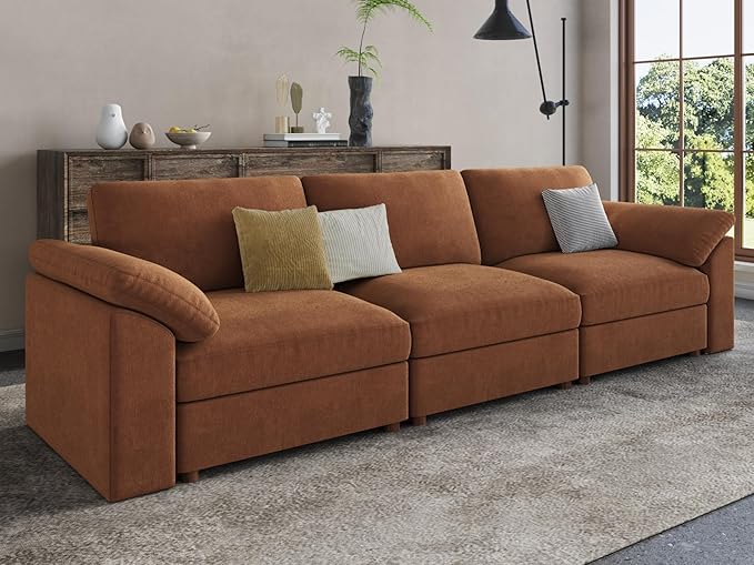 EASE MOOSE Brown Sectional Modular Sofa, Comfty 3 Seat Cloud Couch, FSC