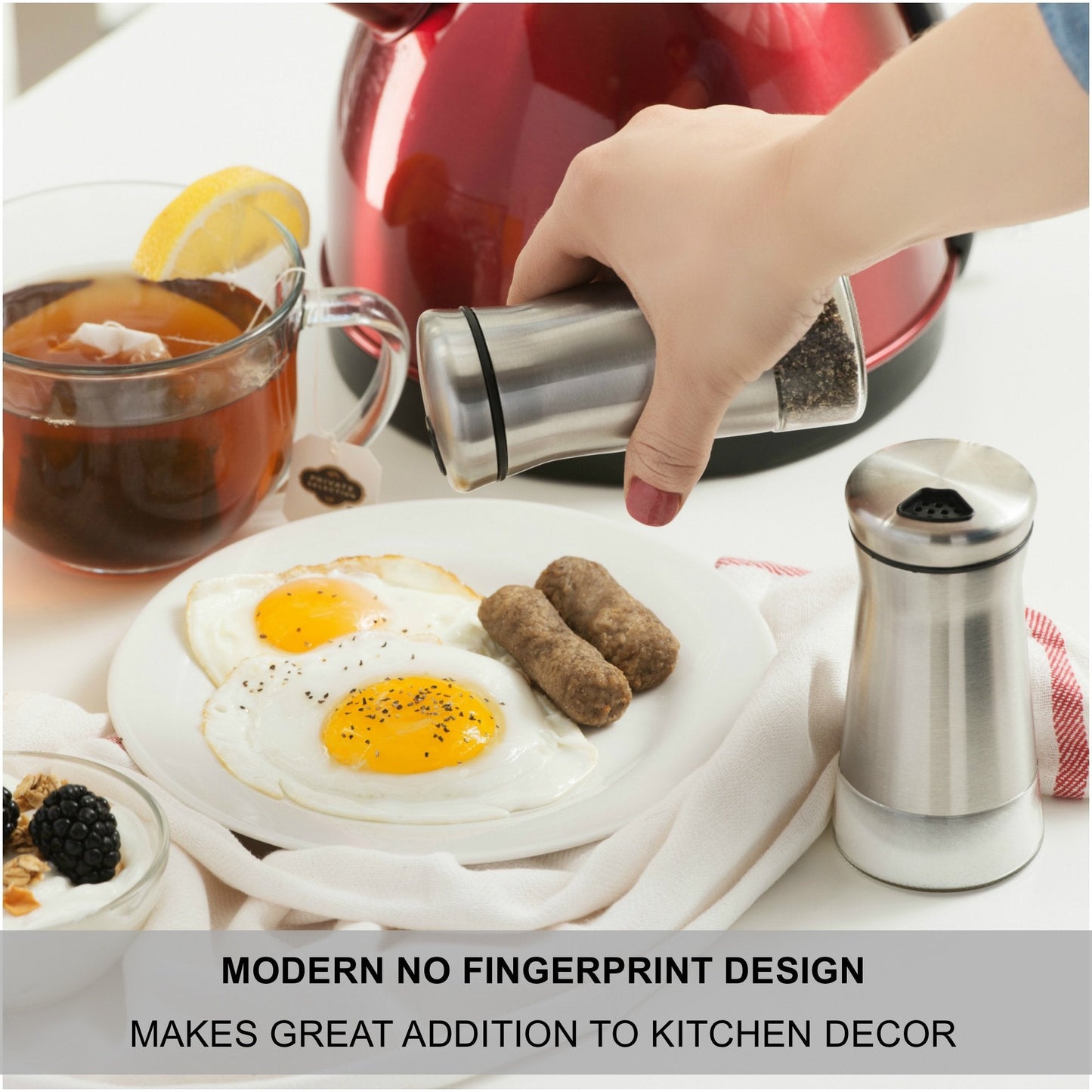 Salt and Pepper Shakers Set with Adjustable Pour Holes by CHEFVANTAGE - Stainless Steel