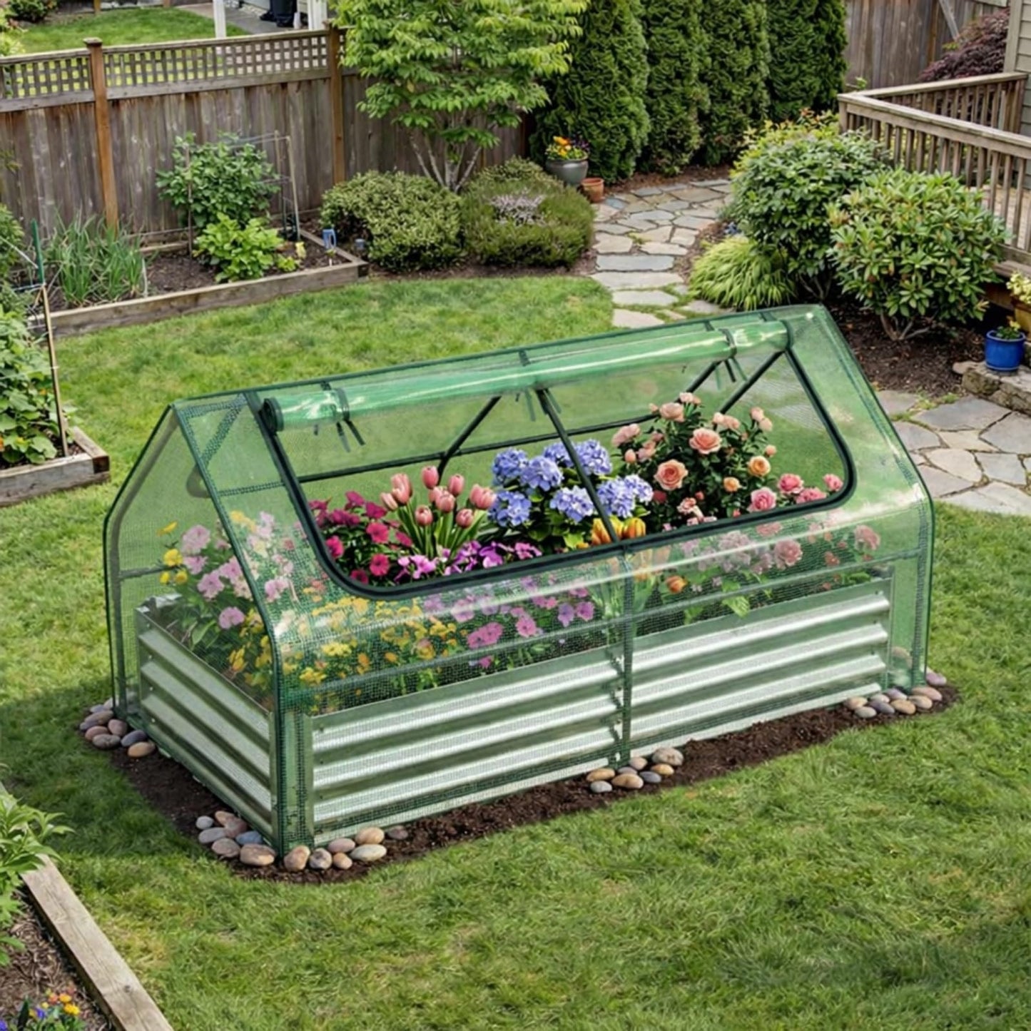 Giantex 3-in-1 Metal Raised Garden Bed with Greenhouse Cover, 6x3x3 FT Metal Elevated Outdoor Planter Box with Roll-Up Windows, Open Base Grow Box for Vegetables, Flowers and Herbs, Green