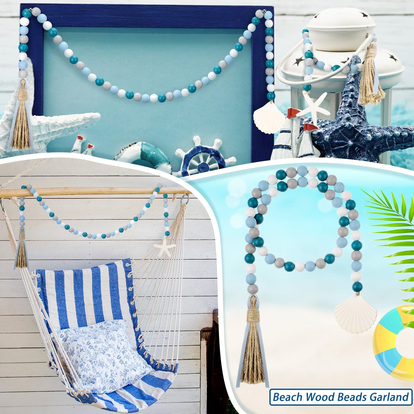 Janinka 2 Pcs Farmhouse Seashell Bead Garland with Tassels Decorative Beads Decor Nautical Farmhouse Tiered Tray Decorations Set Coastal Garland for Home and Kitchen, Wooden Beads(White)