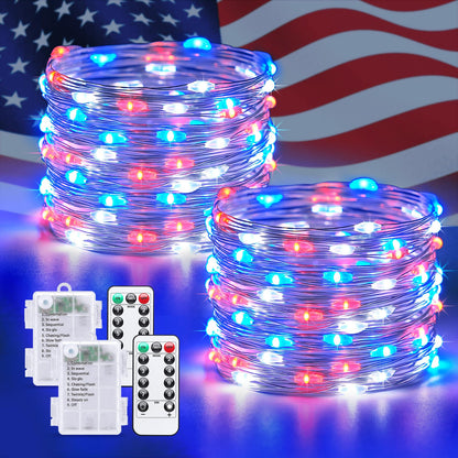 JMEXSUSS 2 Pack 100 LED Red White and Blue Fairy Lights Battery Operated, 33ft Battery Powered Twinkle Light with Remote, 8 Modes Red White and Blue String Lights for 4th of July Indoor Outdoor Decor