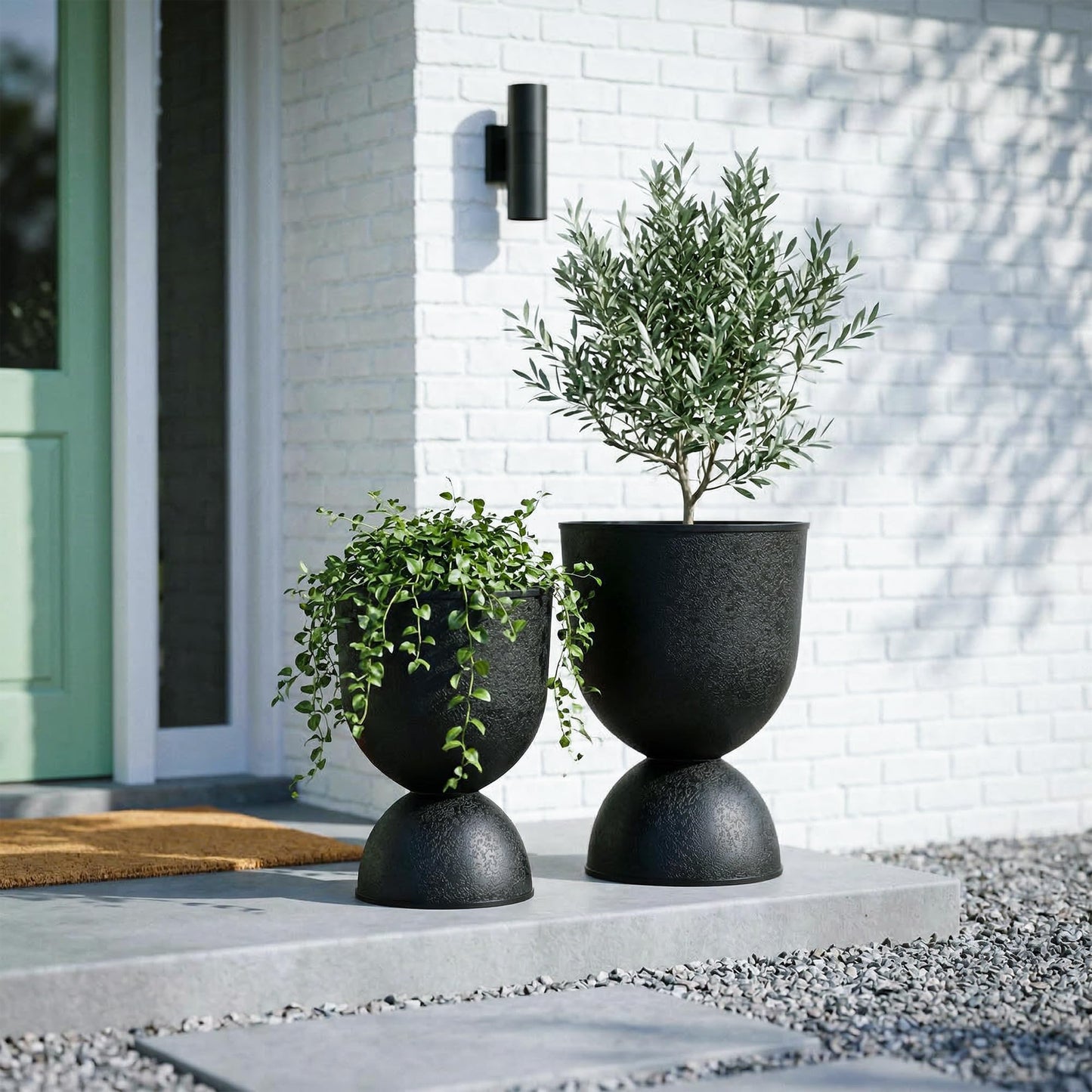 KOL Planters Flower Pots, Large Plastic Urn Planters for Indoor Outdoor Plants, Black Pedestal Planter 2 Pack, 18 Inch+23 Inch, Tall Decorative Planters with Drainage Holes & Plugs for Porch Garden