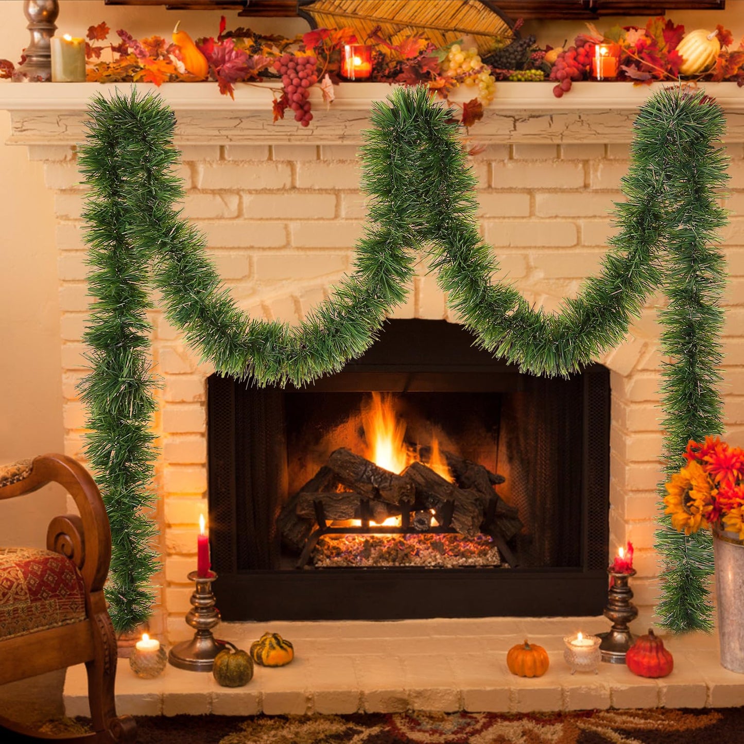 Green Garland Christmas Decorations,50Ft Xams Greenery Tinsel Stems Non-Lit Soft Twist Garland Decor for Tree Stairs Railing Front Door Mantle Fireplace Indoor Outdoor Holiday Home