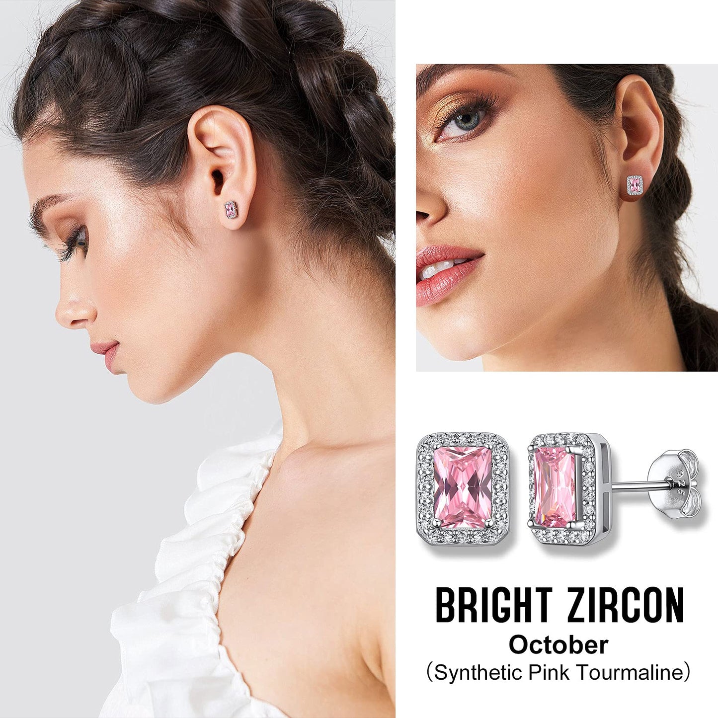 Bestyle Infinity Love Square Stud Earrings with October Pink Tourmaline Birthstone Crystal, Brilliant Love Square Diamond Studs Statement Jewelry for Women