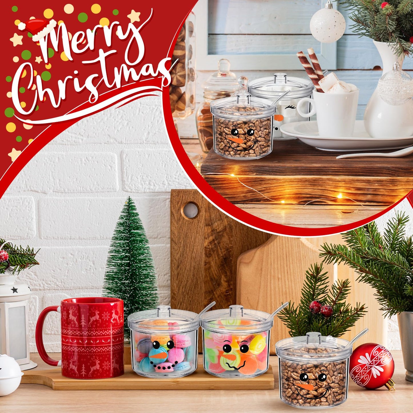FYSUIMU 4Pcs Christmas Clear Acrylic Sugar Bowl with Lid and Spoon Snowman Face Kitchen Countertop Canisters Condiment Bottle Hot Cocoa Bar Supplies for Winter Xmas Party