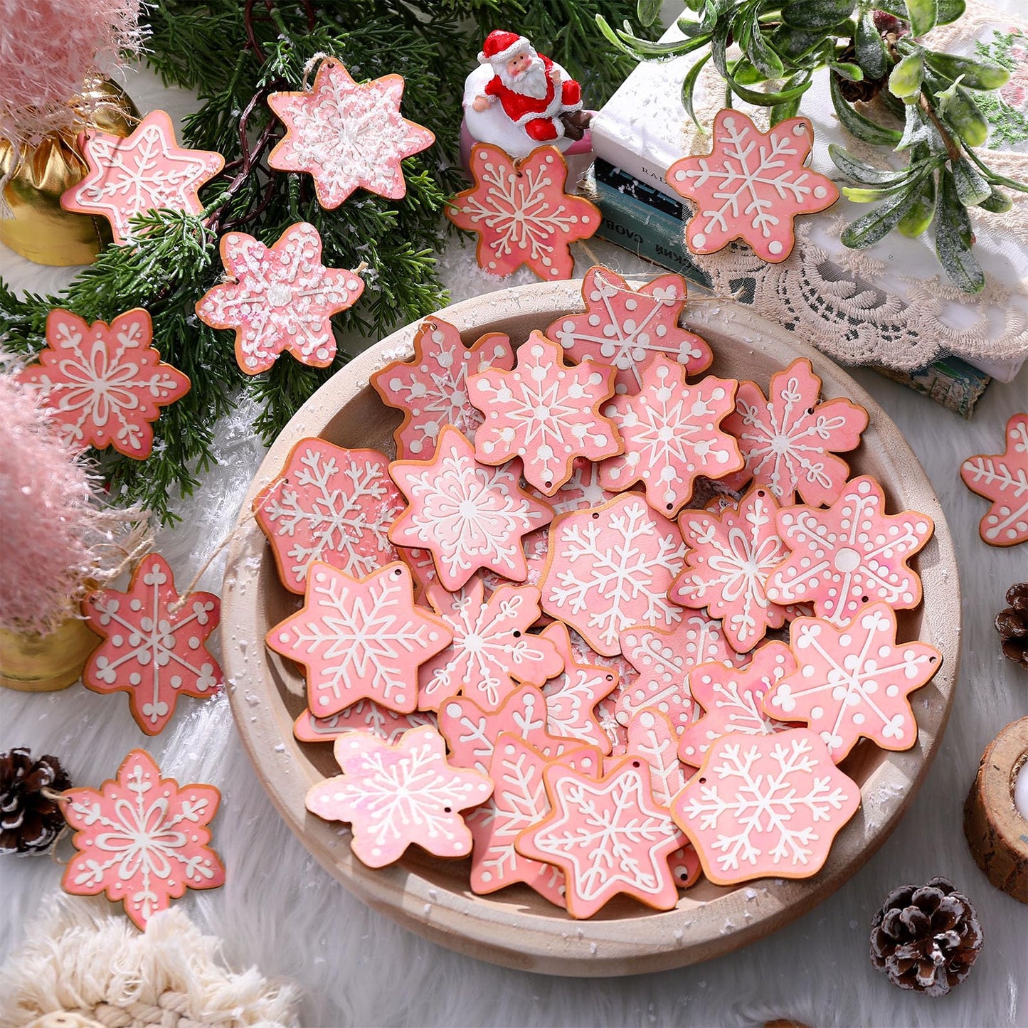 Quzzil 36 Pcs Christmas Gingerbread Ornaments for Tree Mini Snowflake Wooden Hanging Winter Xmas Ornaments with Ropes for Christmas Party Holiday Winter Crafts(Pink,36 Pcs,Snowflake)