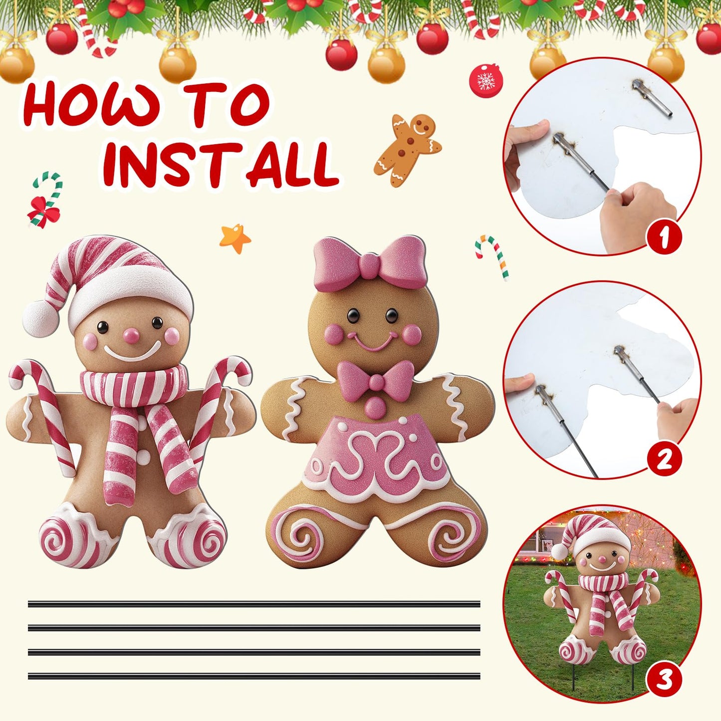 Memorywuu 2 Pack Christmas in July Yard Stakes Metal Stakes 3D Boy and Girl Yard Sign Christmas Outdoor Decorations for Outside Holiday Xmas Winter Ornament Lawn(Pink Gingerbread Man Couple)