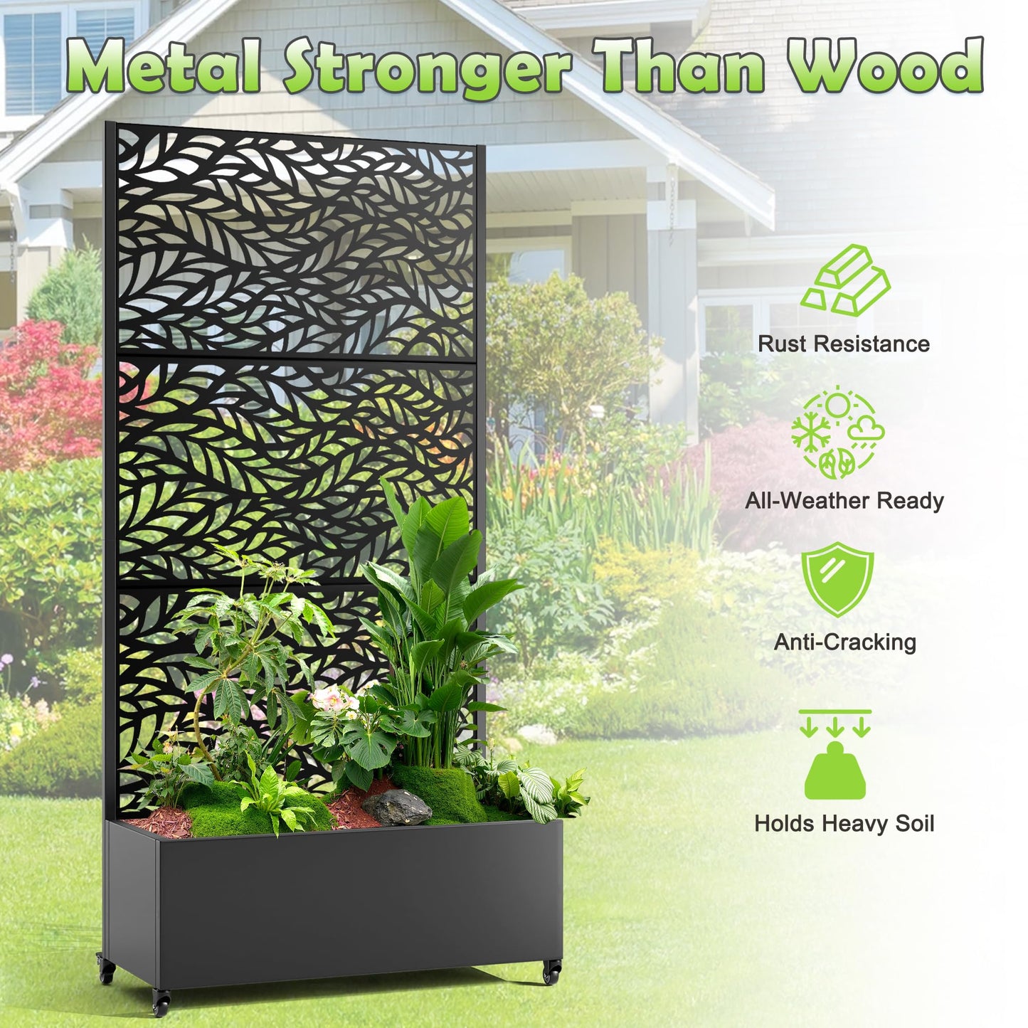 15.7"×70.9"×35.4" Metal Raised Garden Bed with Trellis and Wheels - Tall Trellis Planter Box for Climbing Plants, Vegetables & Vines - Outdoor Privacy Planters for Patio (Black-Spring)