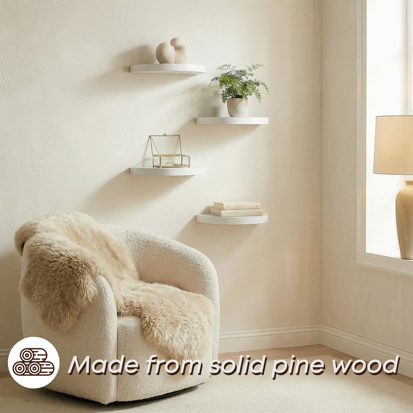 MITREL Small Wood Floating Shelves (4-Pack, 6-inch Diameter) - Round Sturdy Invisible Wall Mount Display for Small Plants,Toys,Bathroom,Living Room Storage & Modern Rustic Décor (White)
