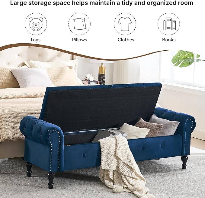 Storage Bench for Bedroom, Velvet 67" End of Bed Bench, King Size Bench
