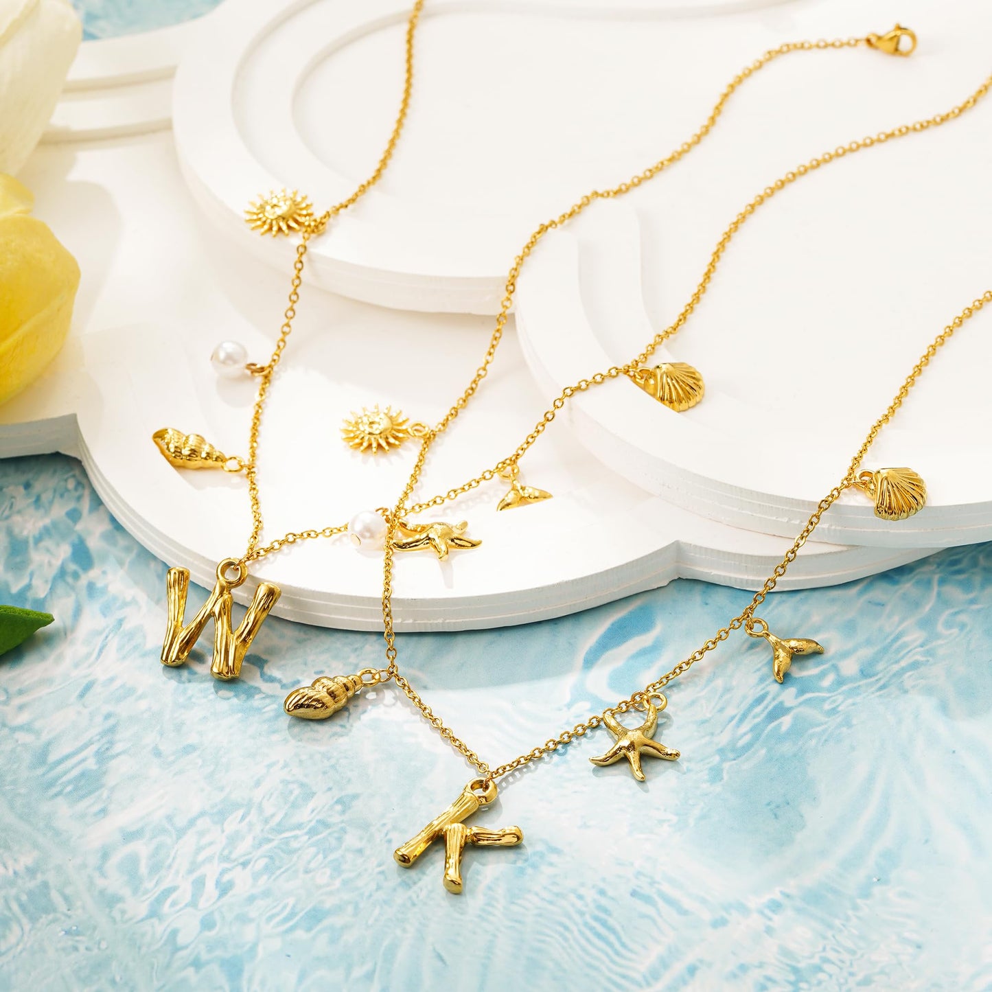 SLOONG Initial Charm Necklace 14K Gold Plated Letter Neckalce Freshwater Pearl Necklace Choker Boho Summer Seashell Beach Starfish Surfer Jewelry Gifts for Women F
