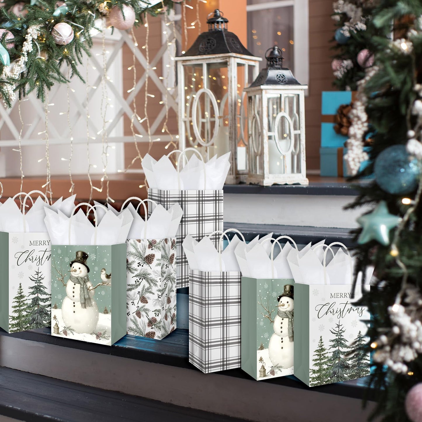 JarThenaAMCS 24 Pcs Christmas Paper Gift Bags with Tissue Paper Sage Green Xmas Tree Snowman Party Favor Large Bags with Handle Goodie Candy Treat Bags for Winter Wedding Holiday