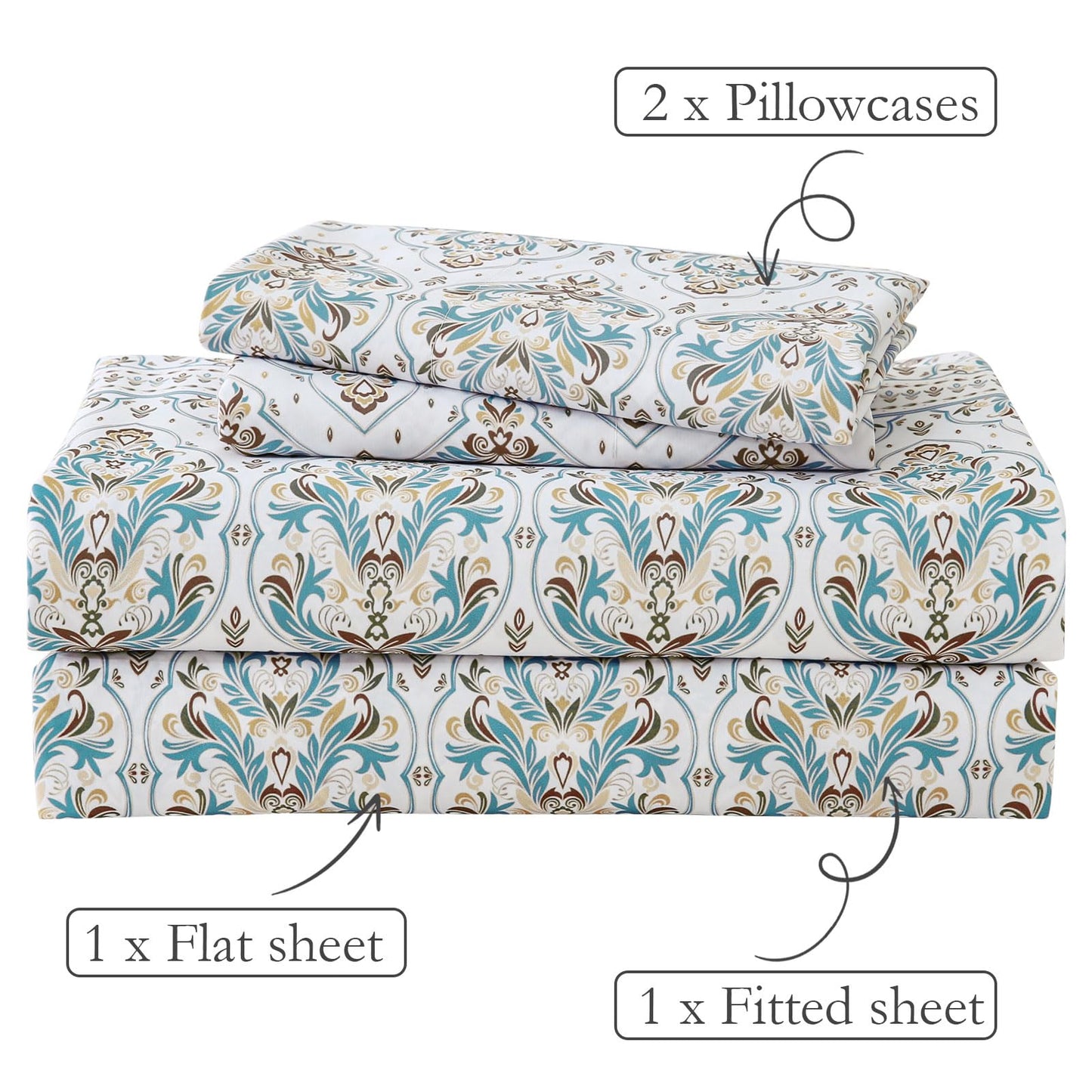 ChicView Queen Size Paisley Printed Sheet Set,4 Pieces Boho Style Breathable Soft Microfiber Bedsheets, Anti Pilling Deep Pockets Easy Care Bed Sheets, White Green
