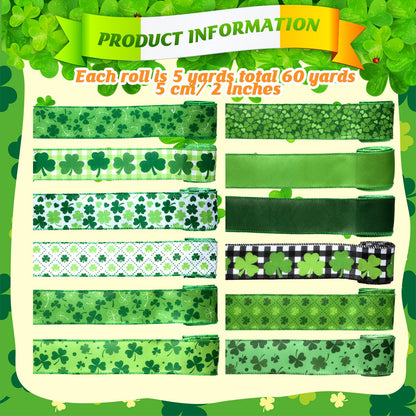 Chunful 12 Rolls St Patrick's Day Wired Edge Ribbon for Wreaths 2 Inch x 60 Yards St Patrick's Day Shamrock Print Grosgrain Ribbon for Gift Wrapping Hair Bow Sewing Wreath Party Supplies 12 Styles