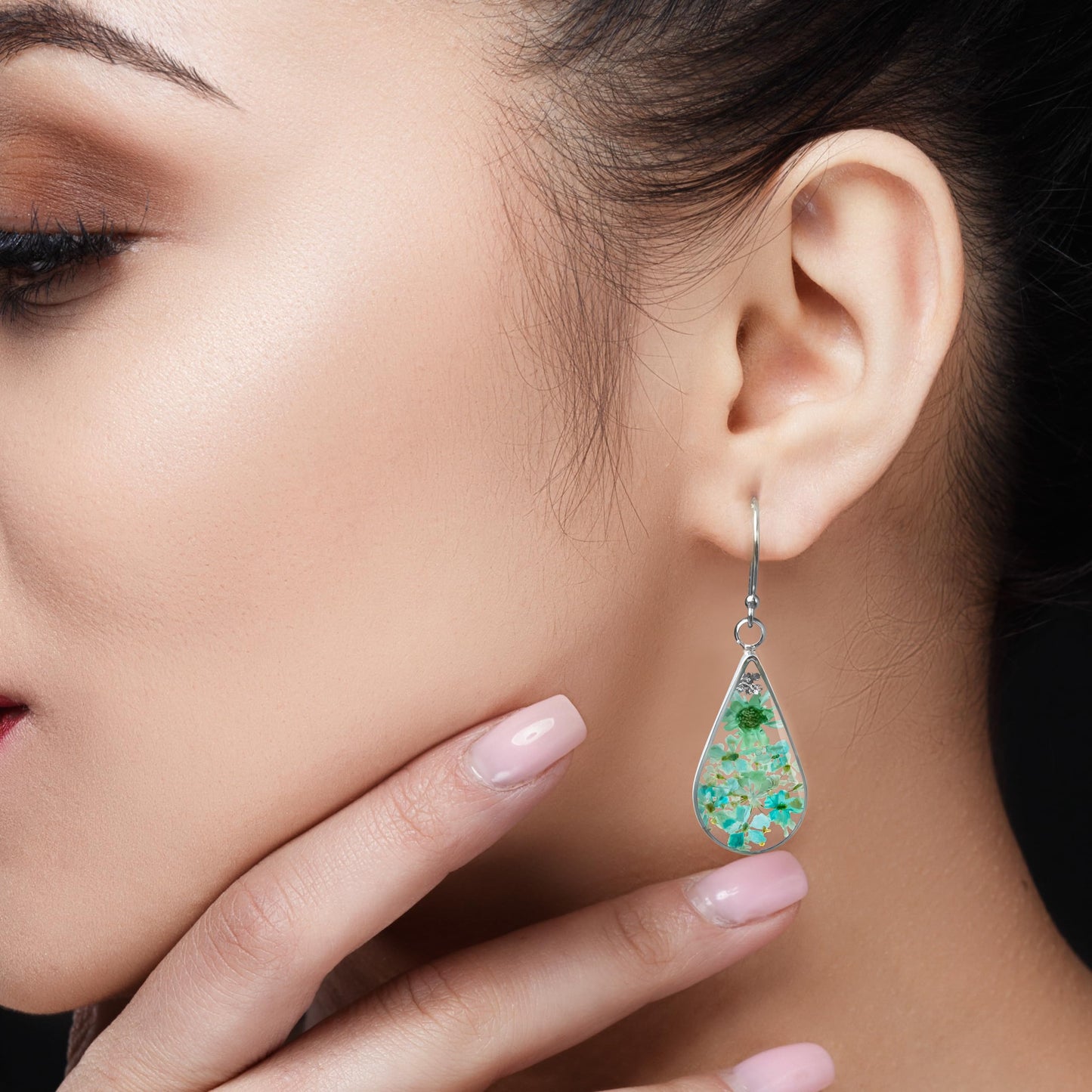 925 Sterling Silver Pressed Flower Teardrop Earrings,Hypoallergenic Women's Jewelry Gift for Mom,Handmade natural dried flower teardrop earrings Jewelry Gift (Green Silver)