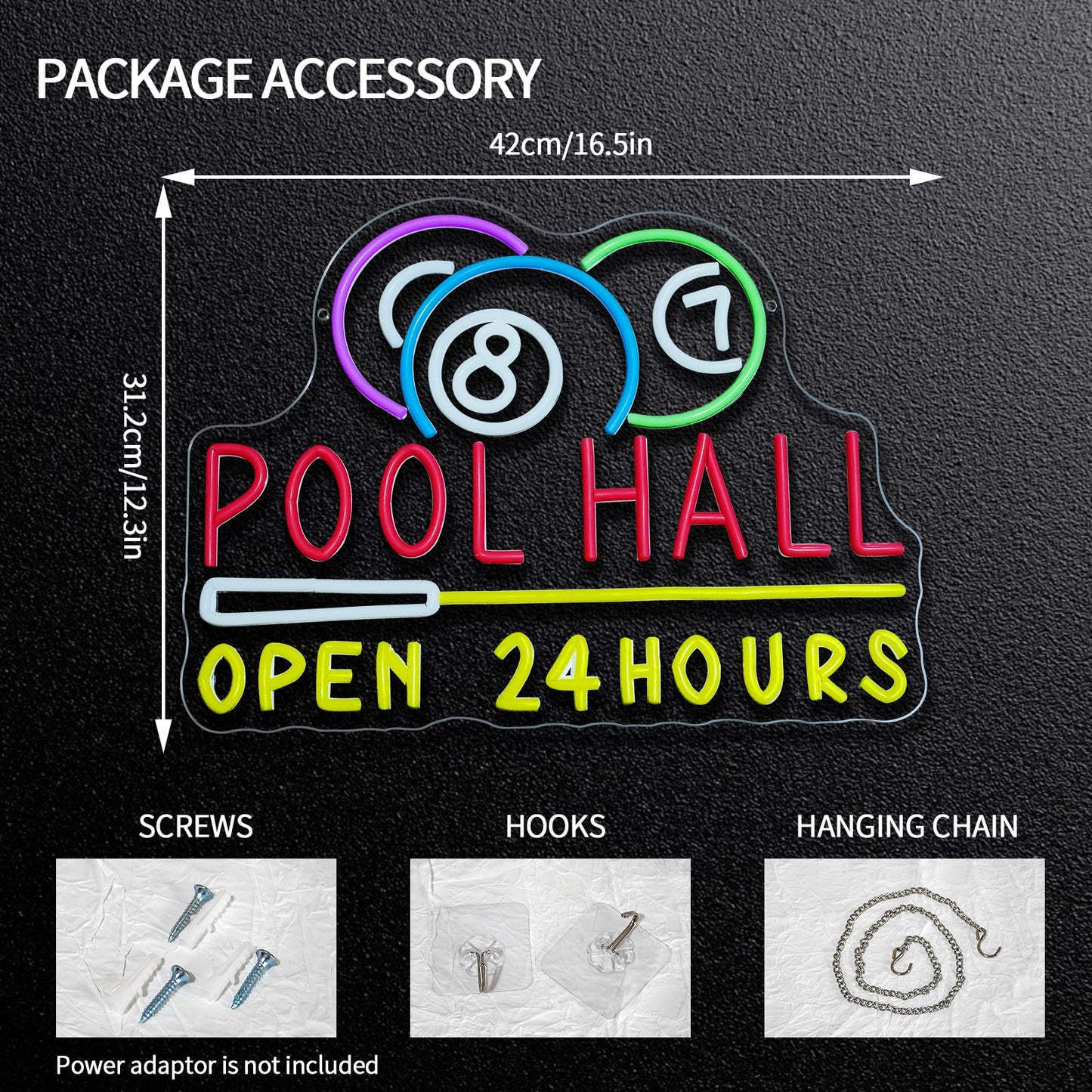 Runalosa Pool Hall Open 24 Hours Neon Sign Dimmable Billiards Neon Light Sign for Wall Decor Snooker Led Signs for Home Bar Game Room Party Man Cave Club Business Decor Gift for Man 16.5" x 12.3"
