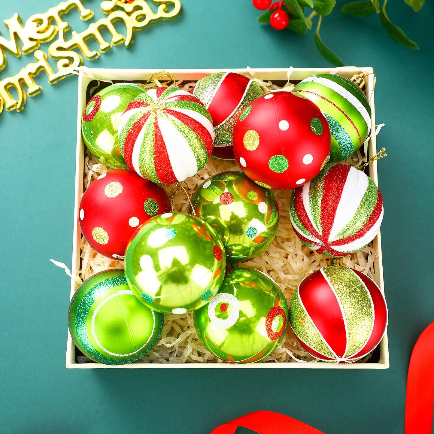 Jetec 24 Pcs Lime Green and Red Christmas Ball Ornaments for Tree 2.4 Inch Polka Dots Stripes Christmas Decorations Shatterproof Peppermint Candy Cane Xmas Baubles for Tree Home Wreath Party Decor