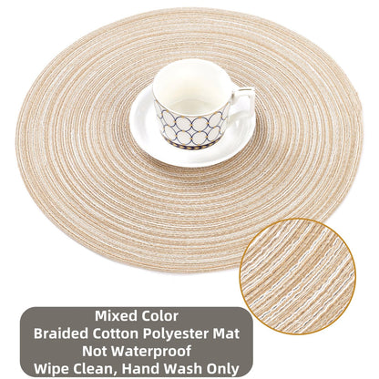 SHACOS 15 inch Round Braided Placemats Set of 6 Non Slip Heat Resistant Cotton Polyester Table Mats Washable Place Mats for Dinner Party Table Decoration (Beige, 6)