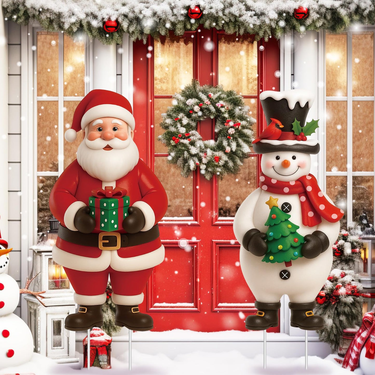 Nuanchu 2 Pcs Metal Christmas Yard Signs Decorative Santa Claus Snowman Yard Sign Stake 27.6 Inches Waterproof Xmas Garden Signs Christmas Outdoor Decorations for Outside Xmas Garden Holiday Party