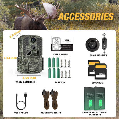 WOSPORTS Rechargeable Trail Camera 2Pack 56MP 4K Game Cam 0.2s Trigger No Glow Night Vision Motion Activated 120° Wide Lens 2.0” LCD Wildlife Camera Outdoor Scouting
