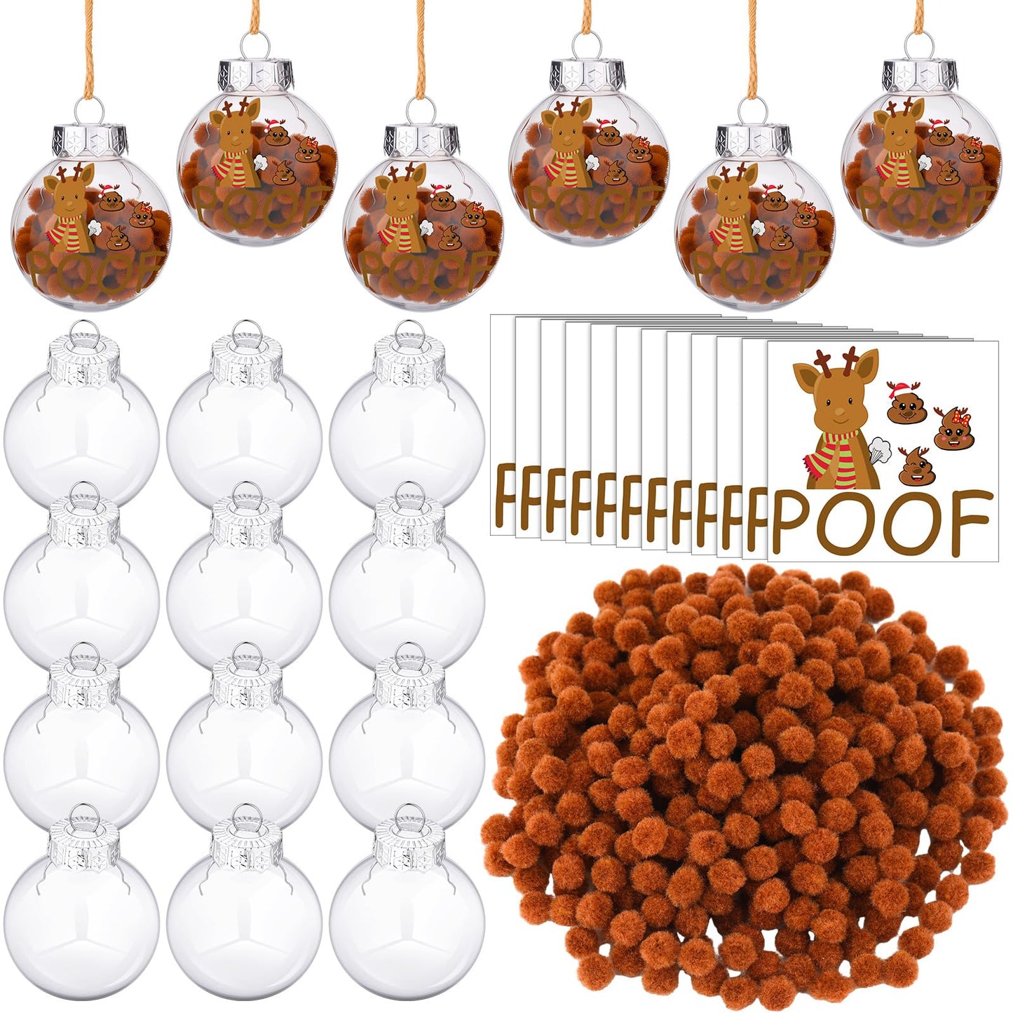 Giegxin 12 Set Funny Christmas Ornaments Kit Reindeer Poof Ball Prank Xmas Hanging Fillable Ball Ornament DIY Funny Hilarious for Home Christmas Tree Party Decor, 2.36 Inch