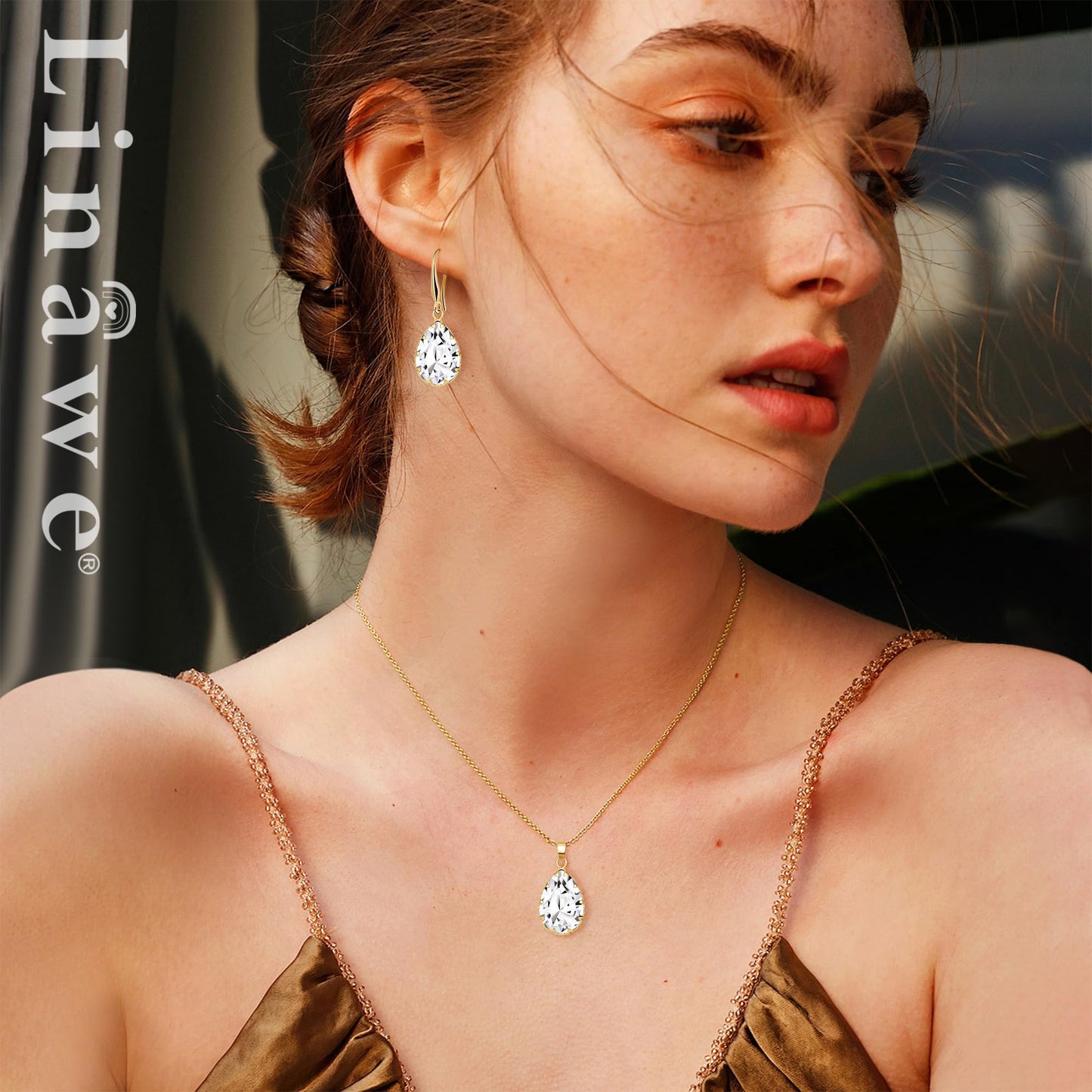 Linawe Wedding Jewelry Sets for Brides Bridesmaid, Crystal Imitation Diamond Pendant Necklace Set, Gold Drop Dangle Earring Set, Rhinestone Cubic Zirconia Birthstone Teardrop Matching Jewelry