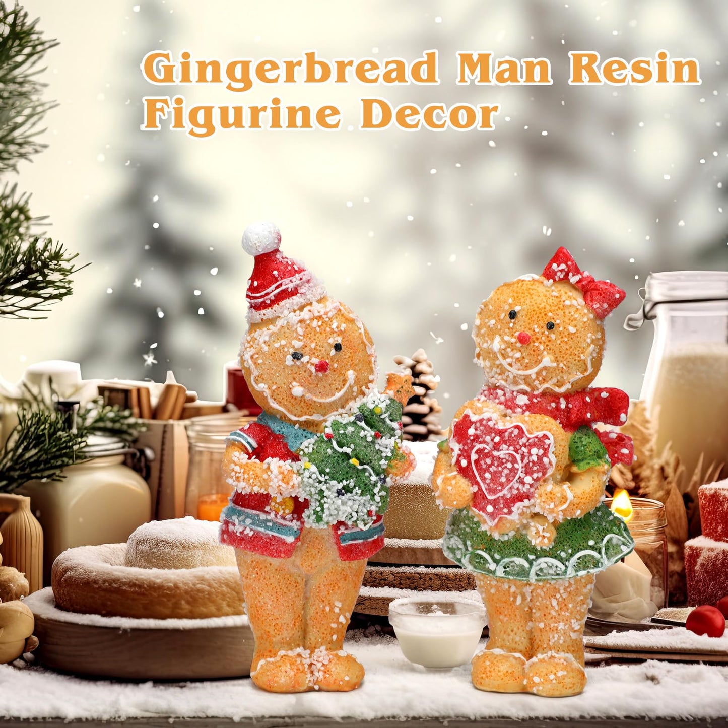 Moucuny 2 Pieces Christmas Gingerbread Decorations Cute Christmas Resin Gingerbread with Chef Hat Candy Bow Scarf Snowman Table Decor for Home Kitchen