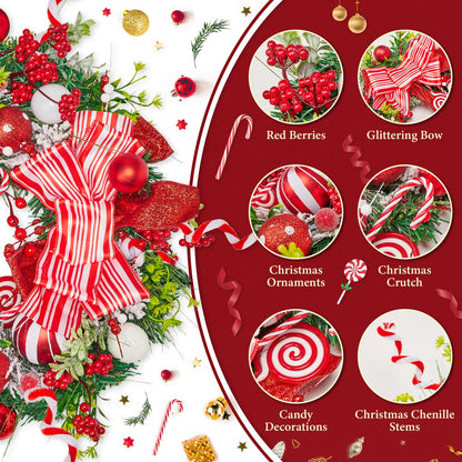 Christmas Wreath, 17-24 Inch Christmas Wreaths for Front Door with Lights Balls Red Bows Candy Canes Berries Pine Needles Greenery Wreath Xmas Decoration Ornaments Rustic Wall Porch Home Party Decor