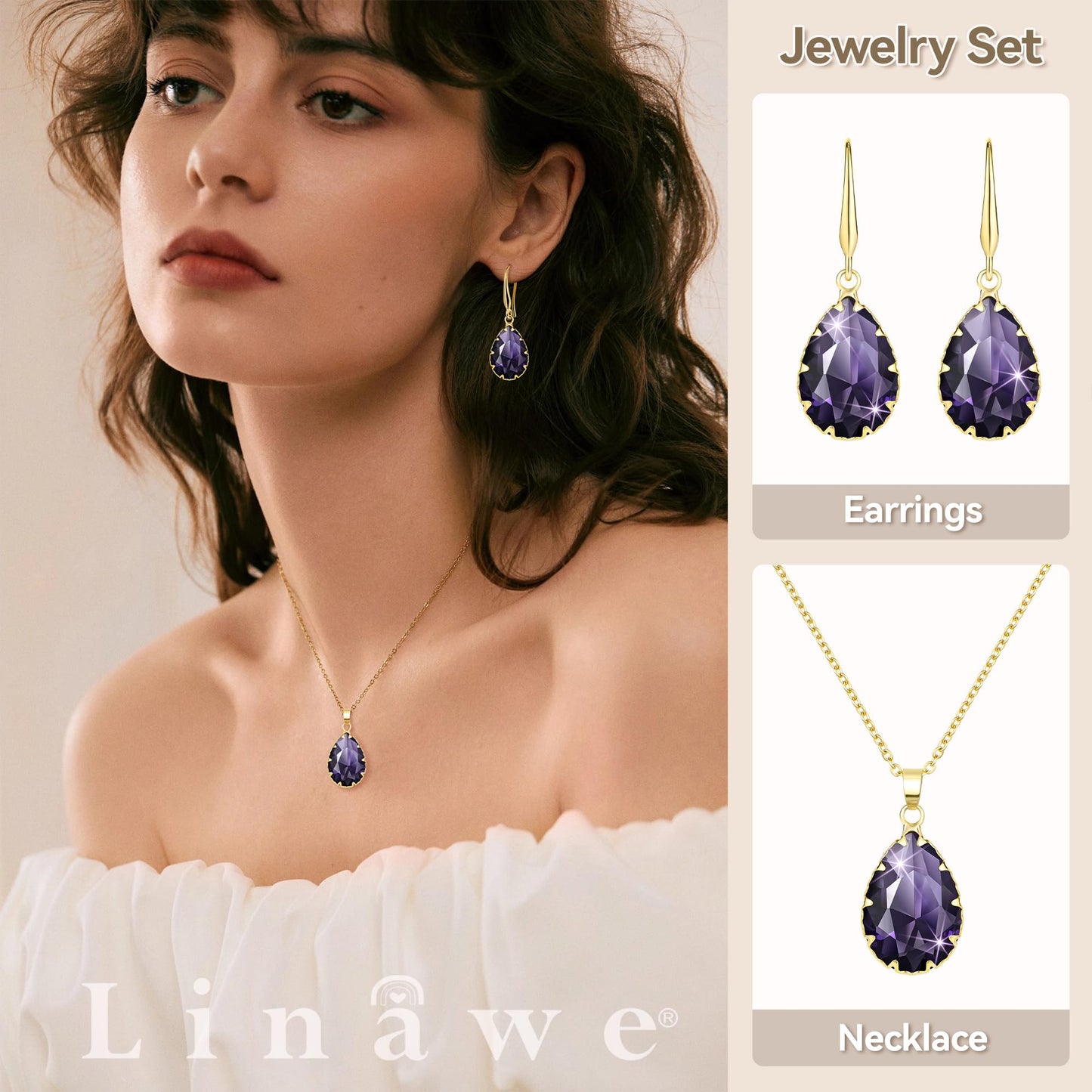 Linawe Lab Created Amethyst Crystal Jewelry Sets, Purple Pendant Necklace, Lavender Imitation Diamond Rhinestone Dangle Earrings, KC Imitation Gold Plated Wedding Jewelry, Teardrop Cubic Zirconia Fake Birthstone