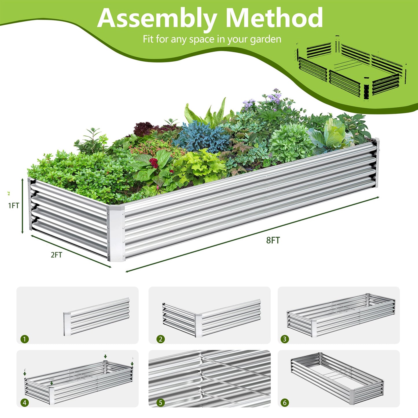 Ayen Guard 2PCS 8x2x1FT Galvanized Raised Garden Bed, Galvanized Planter Raised Garden Boxes Outdoor, Large Metal Raised Garden Beds for Vegetables-Silver
