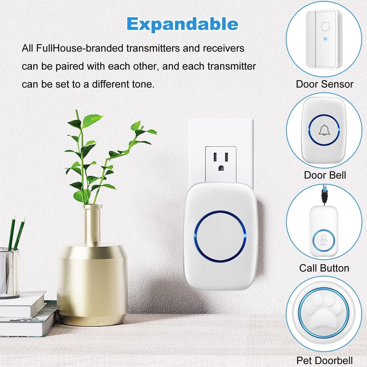 Wireless Doorbell, Waterproof Door Bell Kit, Distinguish Front and Rear Doors, Over 1000 feet Range and 60 Chime, 5 Levels Volume and LED Flash, for Home Office Classroom