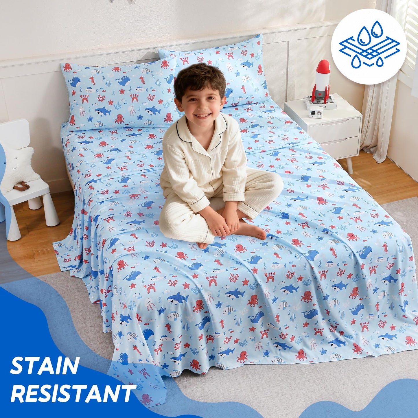 ChicView Twin Sheet Set Kids,3 Pieces Breathable Soft Microfiber Bedsheets for Child Boys Girls, Anti Pilling Deep Pockets Easy Care Bed Sheets, Ocean Animals